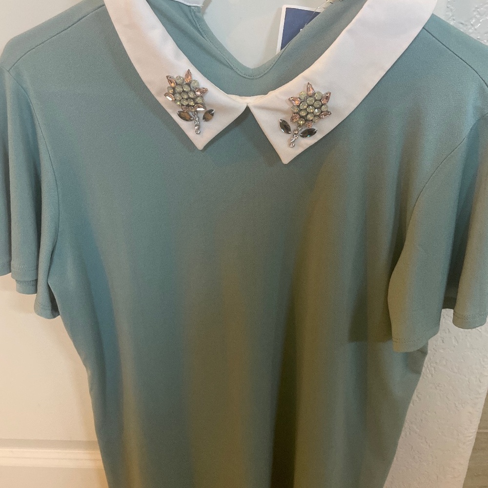 Mint green short sleeve blouse with embroidered neck